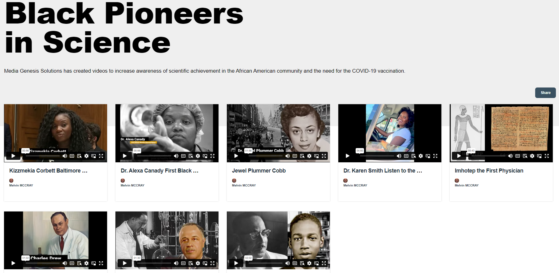 Screenshot of webpage reads 'Black Pioneers in Science' and shows thumbnail images of eight videos, each featuring a Black scientist.