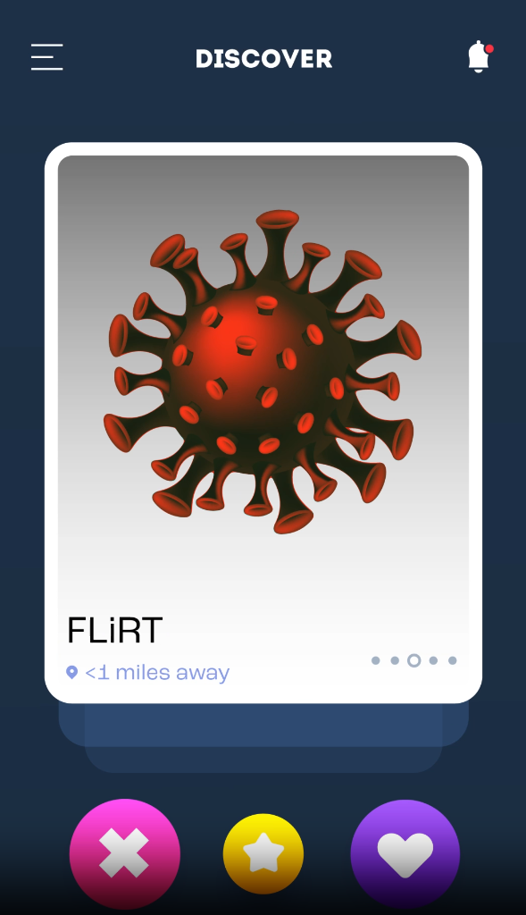 Video still shows a screenshot of a dating app profile with the name "flirt" and a picture of the COVID-19 virus.