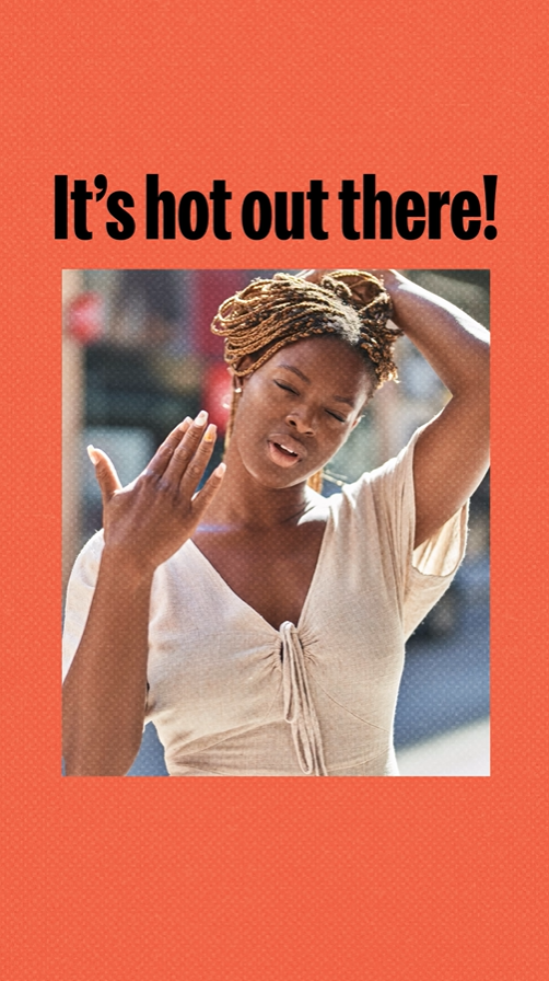 Video still shows a Black woman with her eyes closed, pulling her hair off the back of her neck and fanning herself with her hand.