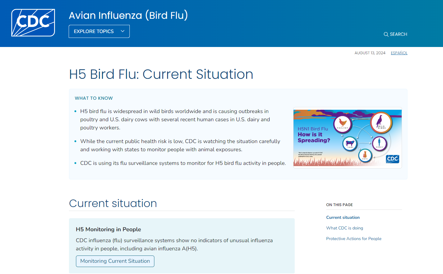 CDC website page displaying H2 bird flu factsheet