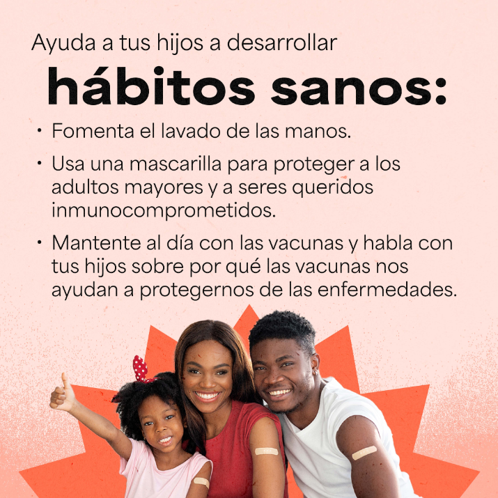 A Black father, mother and young daughter with big smiles sit side by side, all showing off bandages on their shoulders. The daughter is holding up a big thumbs up.