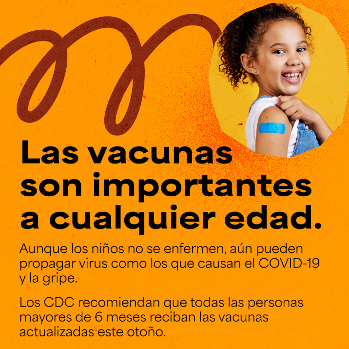 Graphic shows text alongside an image of a young Black girl smiling and showing off the blue bandage on her shoulder, against a bright orange background.