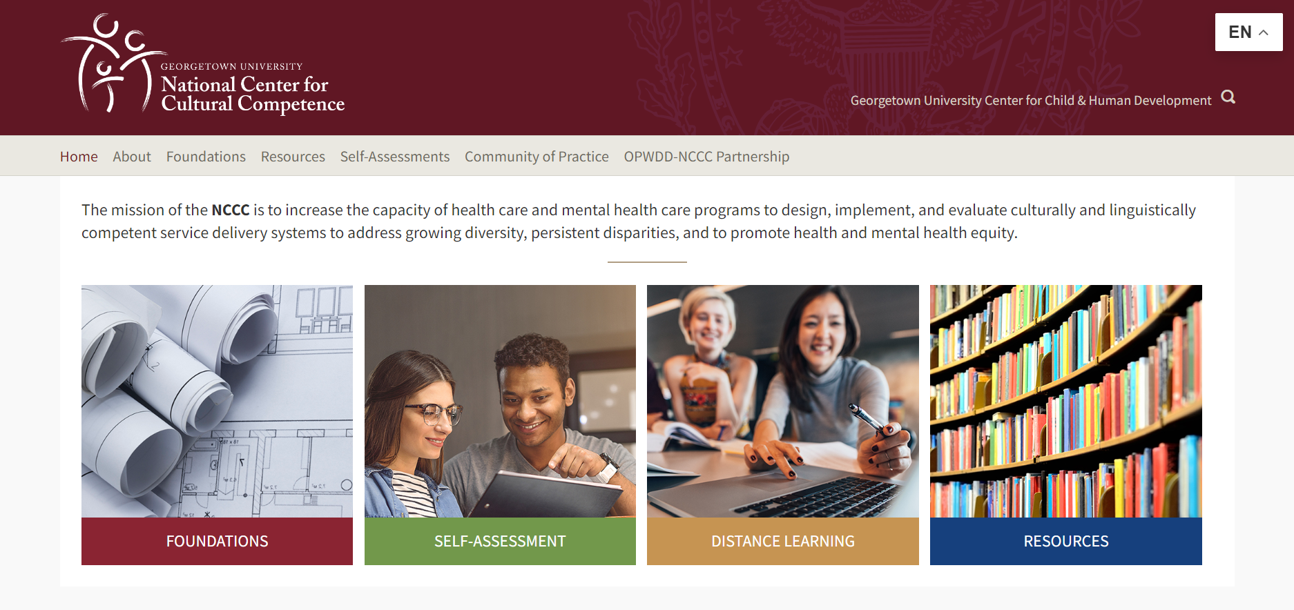 Webpage shows four images: (1) rolled up papers on a desk, (2) a white woman and a Black man smiling and looking at a tablet together, (3) two women at a table smiling and looking at a computer together, (4) rows of books on shelves.