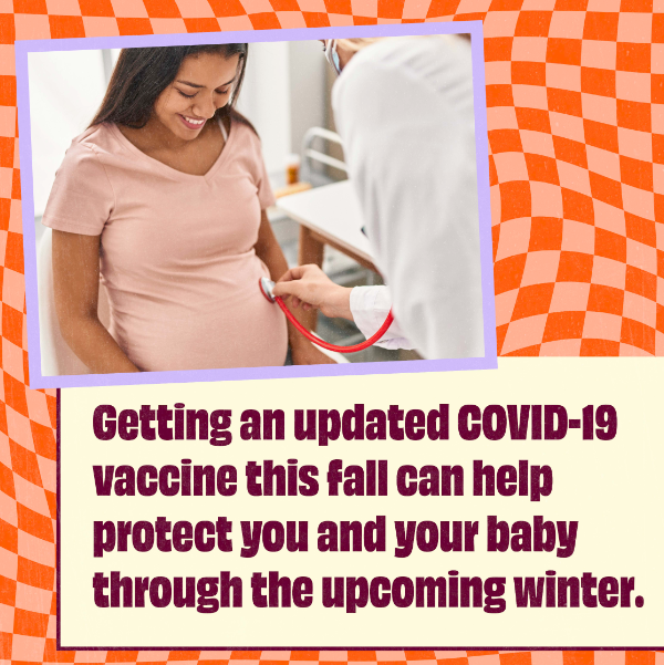 Graphic shows a pregnant woman of color looking down and smiling while a doctor listens to her stomach with a stethoscope.