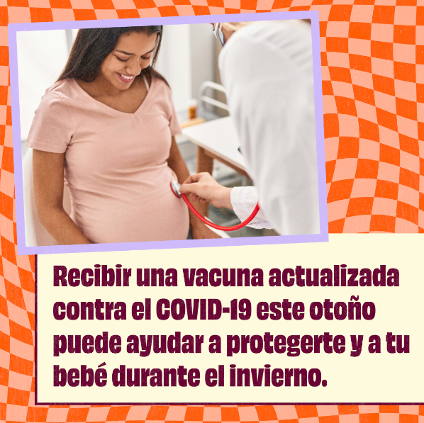 Graphic shows a pregnant woman of color looking down and smiling while a doctor listens to her stomach with a stethoscope.