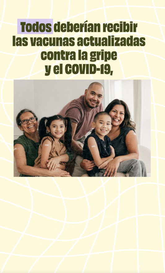 Video still shows an image of a family of color - an older woman, two children, and two adults - sitting on a couch together and smiling. Video still shows an image of a family of color - an older woman, two children, and two adults - sitting on a couch together and smiling. They have band aids on their arms.