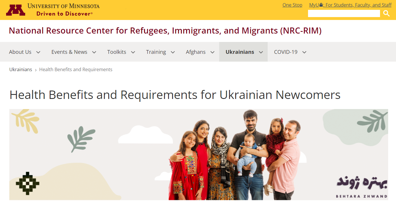 Website page shows an image of a Ukrainian family wearing traditional dress, featuring a baby and two young children. 