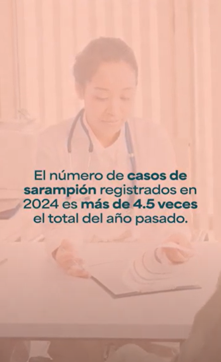 Image of a female doctor with orange color overlay. Spanish text reads, "The number of measles cases recorded so far in 2024 is more than 4.5 times last year's total."