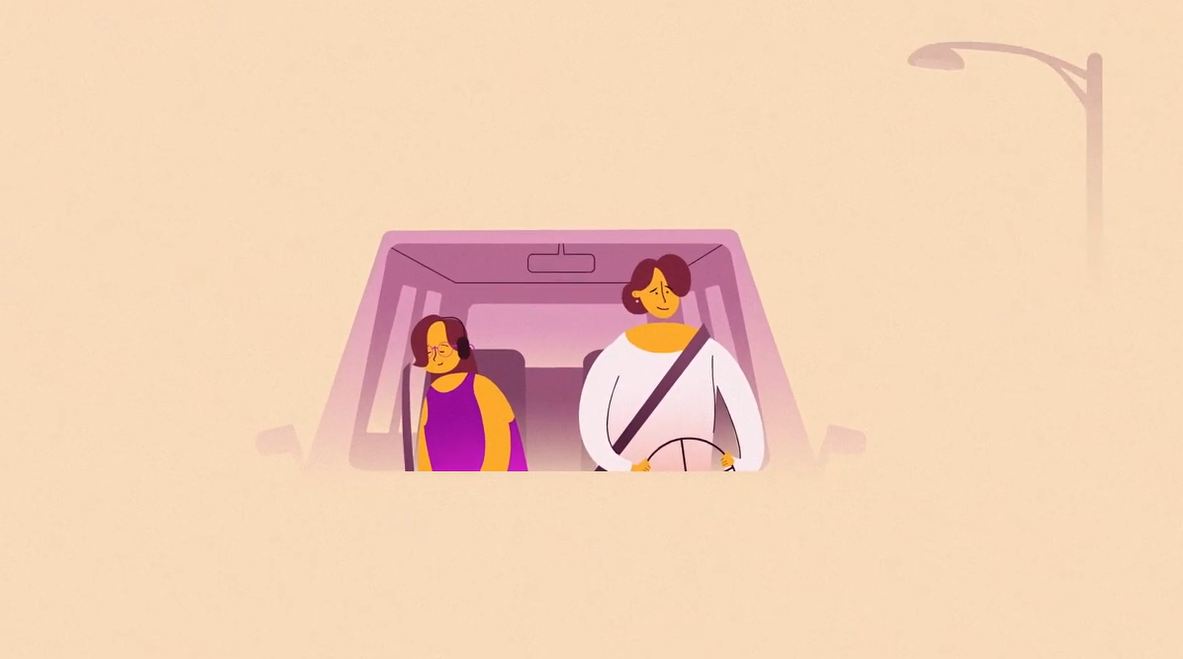 Image is a cartoon of a mother and pre-teen girl in a car together.