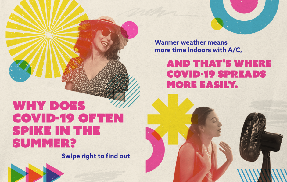 Graphic with collage like picture of a woman in a sunhat and sunglasses and another in front of a fan. Text above reads "Why does COVID-19 often spike in the summer? Swipe right to find out." The second slide reads "Warmer weather means more time indoors with A/C, and that's where COVID-19 spreads more easily."