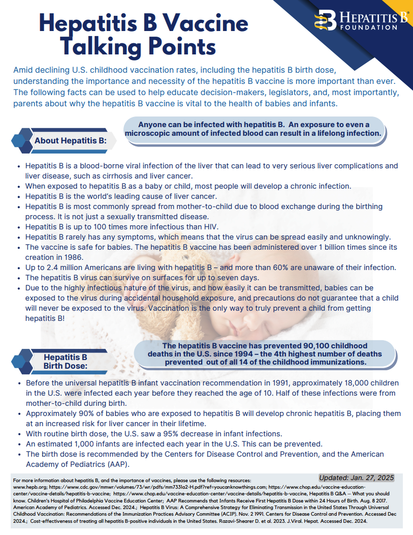 Graphic on why the hepatitis B birth‑dose vaccine matters for newborns Infographic-style factsheet titled “Hepatitis B Vaccine Talking Points – Updated Jan. 27, 2025.” It explains that CDC and AAP recommend the vaccine within 24 hours of birth to prevent blood-borne transmission and lifelong liver disease.