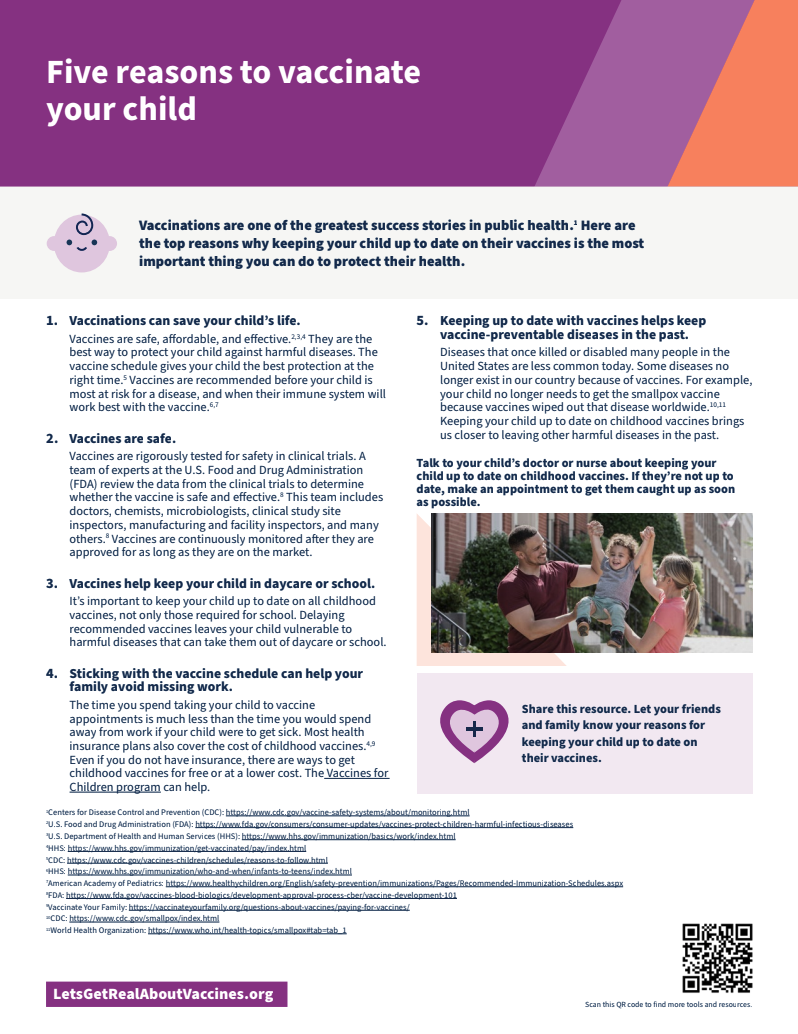 Five reasons to vaccinate your child Factsheet titled “Five reasons to vaccinate your child.” Text encourages families to talk to a doctor and share the resource, with a QR code linking to LetsGetRealAboutVaccines.org.