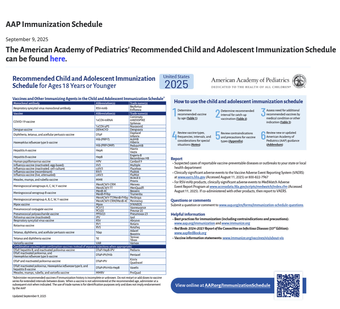 First page of AAP Immunization Schedule