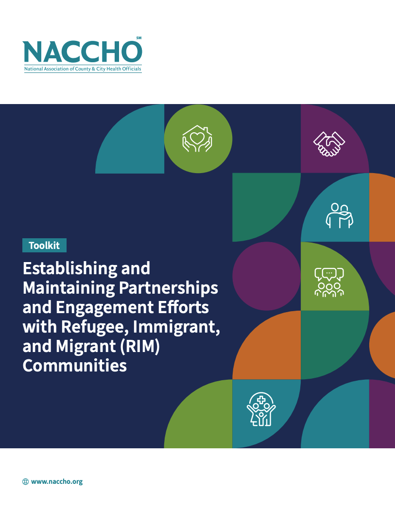 Front page from toolkit with text that reads, "Establishing and maintaining partnerships and engagement efforts with refugee, immigrant, and migrant (RIM) communities".