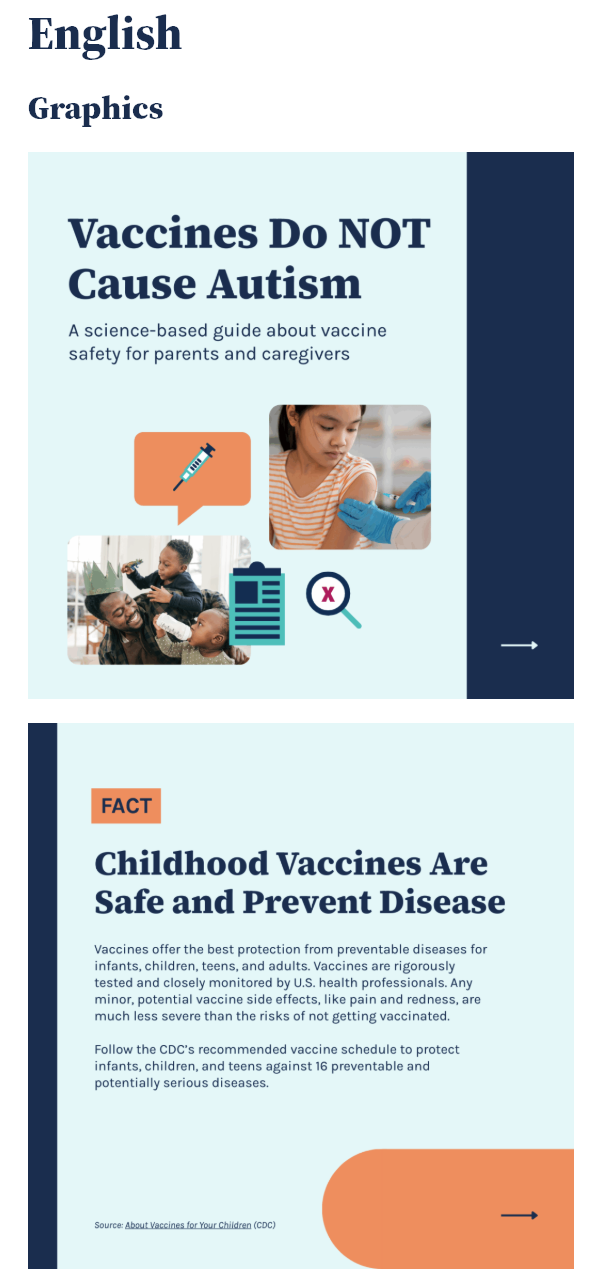 Social media graphics that explain that vaccines do not cause autism