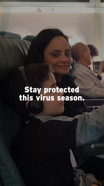 Video opens with people packing their suitcases and reads, "Before you fly out to see loved ones..." The next clip shows people packing the car with their luggage and says, "Are your vaccines up to date?". Then the video shows a family traveling in a plane and reads, "Stay protected this virus season." Lastly, the video shows a family gathering around a dinner table and reads, "Help protect the people you love. Talk with your doctor or pharmacist about the vaccines that are right for you."