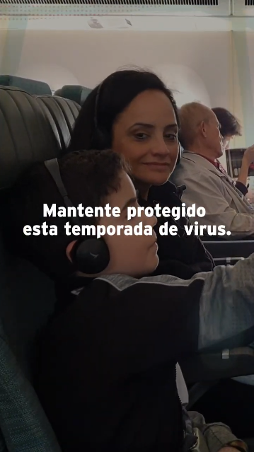 Video opens with people packing their suitcases and reads, "Before you fly out to see loved ones..." The next clip shows people packing the car with their luggage and says, "Are your vaccines up to date?". Then the video shows a family traveling in a plane and reads, "Stay protected this virus season." Lastly, the video shows a family gathering around a dinner table and reads, "Help protect the people you love. Talk with your doctor or pharmacist about the vaccines that are right for you."