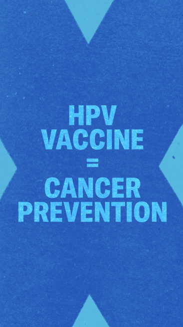Bold blue font reads: "HPV vaccine = cancer prevention." In the background, large X-shaped illustrations loop around the text.