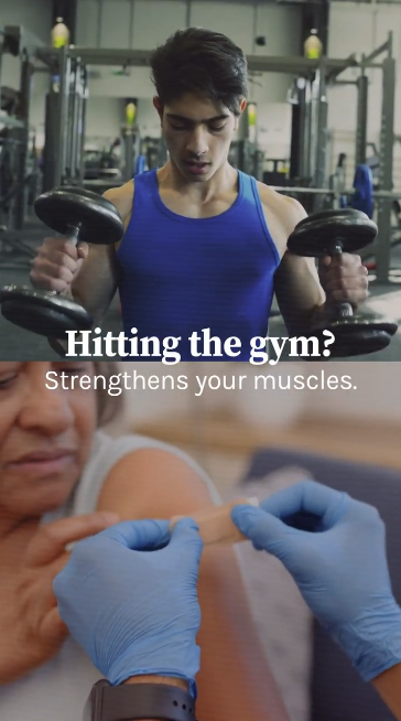 Top half shows person in blue tank top doing bicep curls with heavy weights. Bottom half shows someone getting a bandage on their arm after a vaccination. Text on screen reads: "Hitting the gym? Strengthens your muscles. Getting your flu vaccine? Strengthens your immune system."