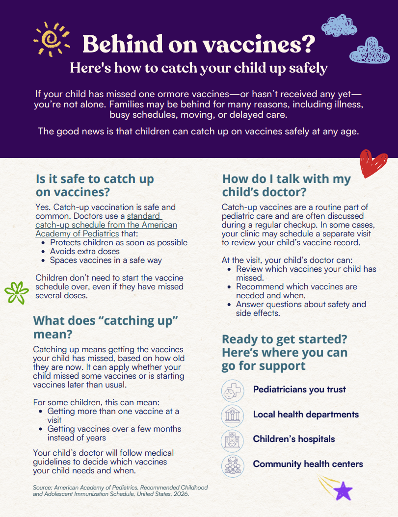 Blue-purple gradient background. Headline reads: “Behind on vaccines? Here’s how to catch your child up safely.” Body text explains what a catch-up schedule is and how catching up works. Callout box at the bottom lists resources, including pediatricians, local health departments, children’s hospitals, and community health centers.