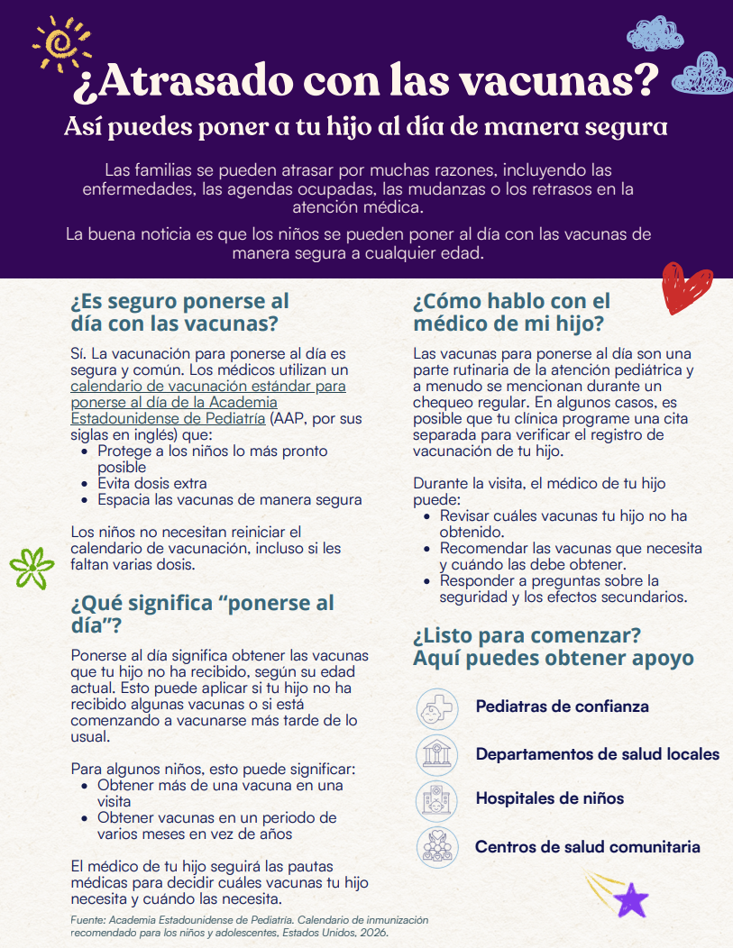 Blue-purple gradient background. Headline reads: “Behind on vaccines? Here’s how to catch your child up safely.” Body text explains what a catch-up schedule is and how catching up works. Callout box at the bottom lists resources, including pediatricians, local health departments, children’s hospitals, and community health centers.