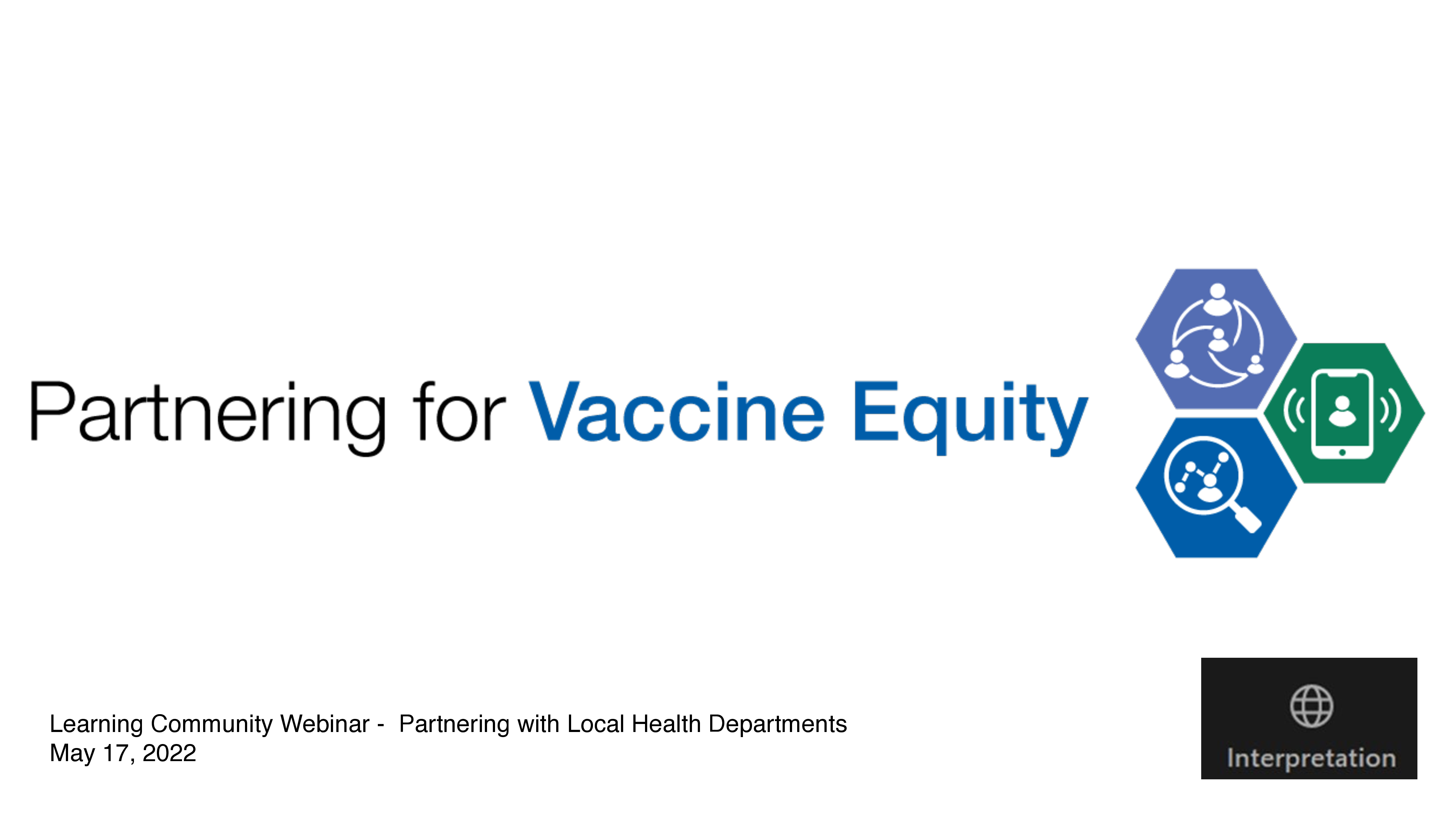 First page of a presentation features the Partnership for Vaccine Equity title and logo. 