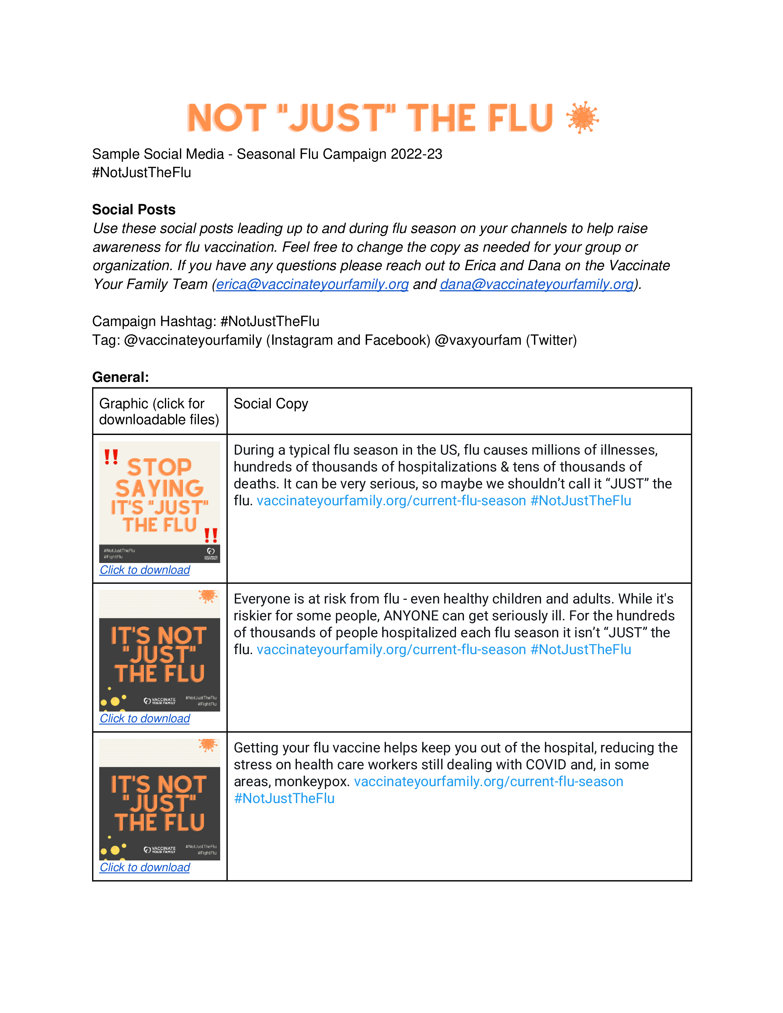 Factsheet with black and orange text with graphics for social media download and sample language and hashtags to use for social media posts.