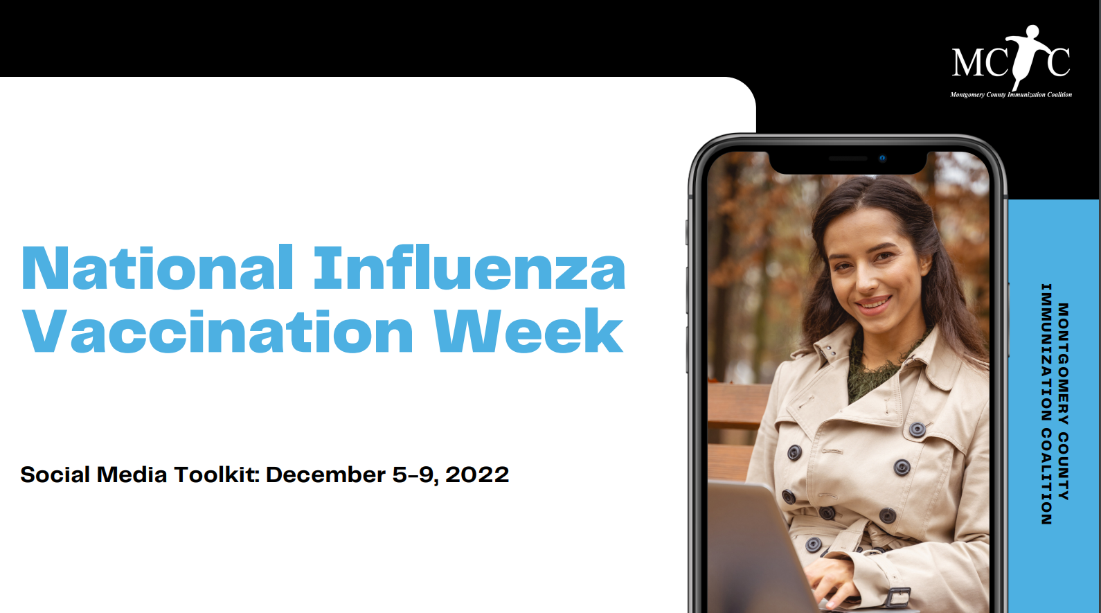 Cover of social media toolkit says "National Influenza Vaccination Week" with picture of a smiling young woman.