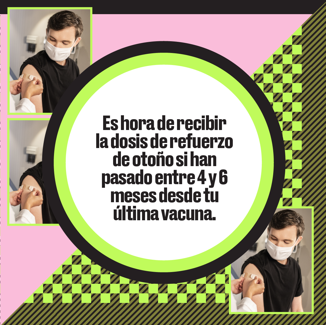 Graphic has image of a white young man wearing a mask getting vaccinated in a healthcare setting.