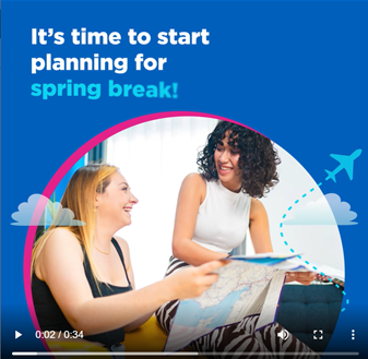 Two young white women holding a map and smiling at each other. There is also a logo of an airplane on the right side. 
