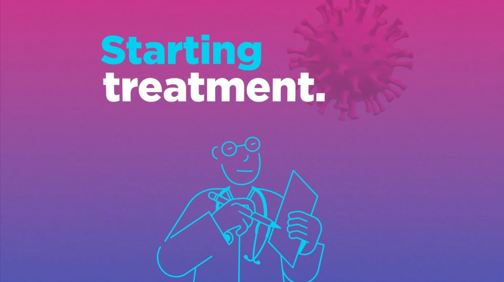 A blue outline drawing of a doctor with a pencil and paper. A COVID virus is in the background. Text reads, "Starting treatment."