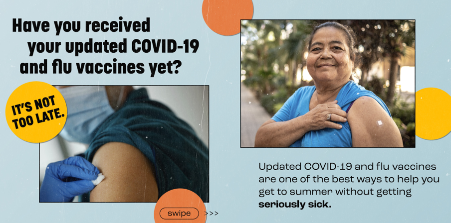Two panels of images: the first shows a shoulder being cleaned off before a vaccine. The second shows an older Hispanic woman showing her post-vaccine band aid. 