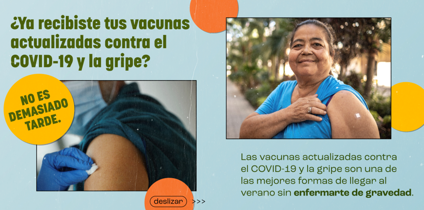 Two panels of images: the first shows a shoulder being cleaned off before a vaccine. The second shows an older Hispanic woman showing her post-vaccine band aid. 