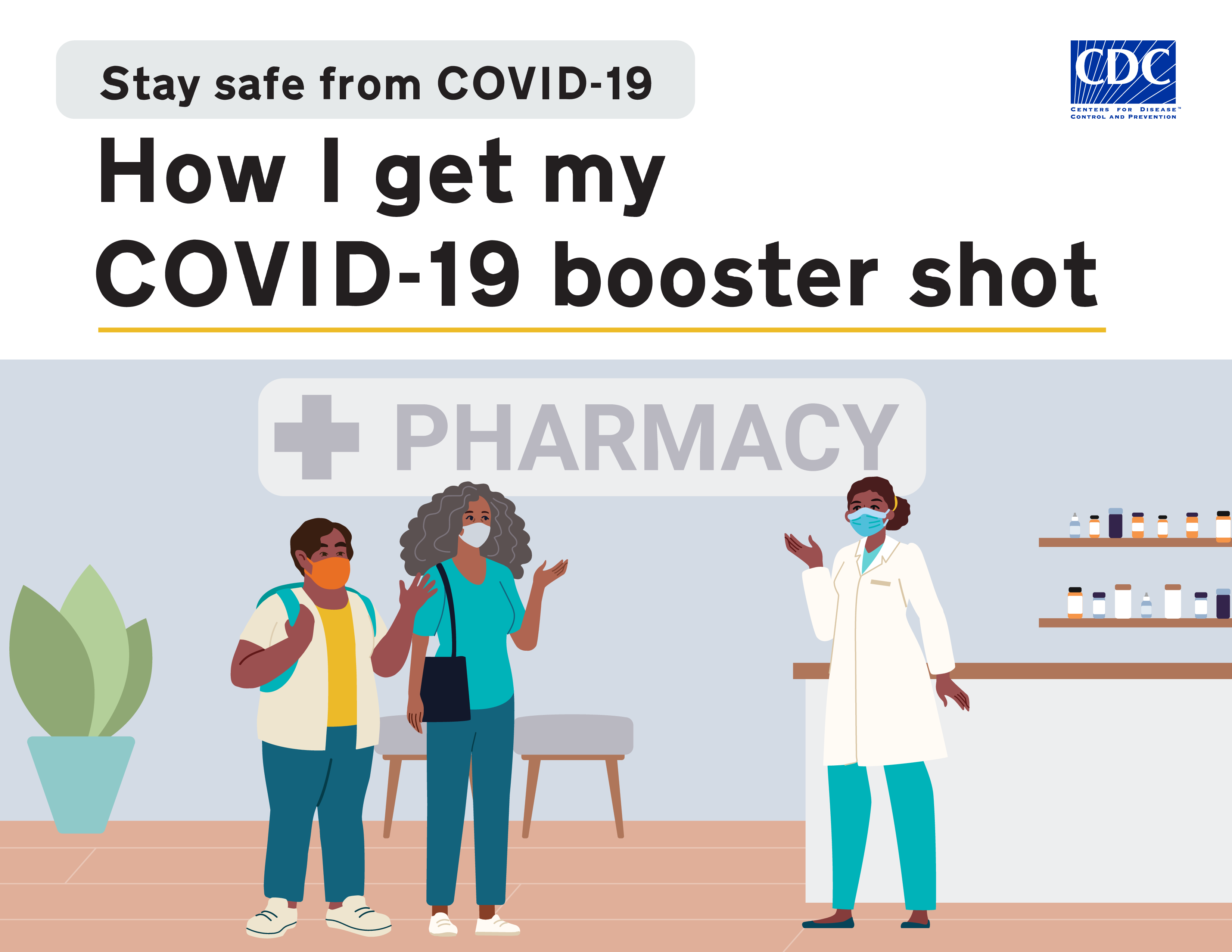 Two people talk to a pharmacist about their COVID-19 boosters.