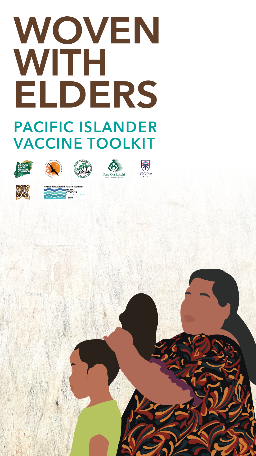 Cartoon image of a Pacific Islander woman styling a young Pacific Islander girl's hair. 