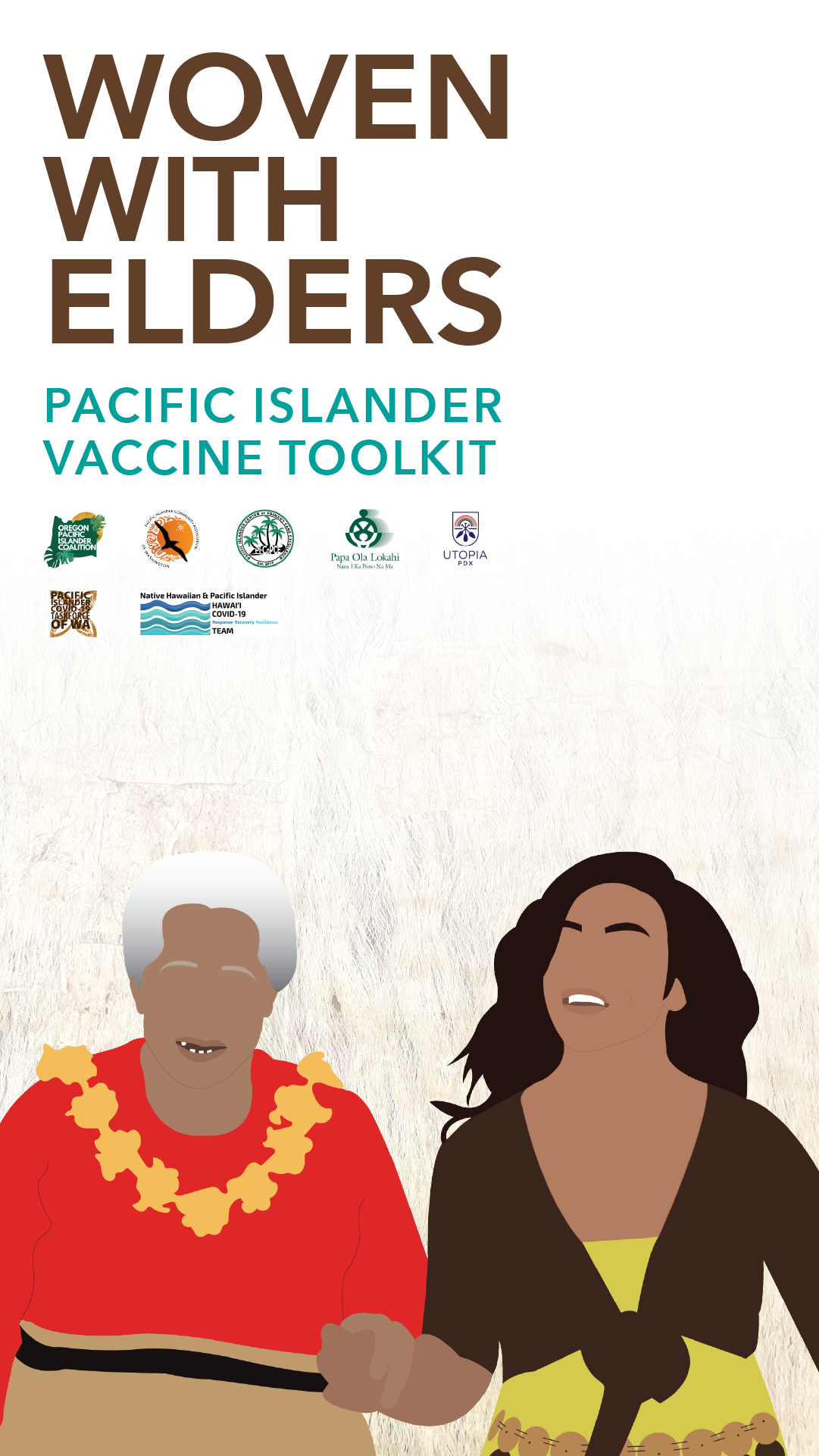 Cartoon image of a Pacific Islander elder woman and young woman holding hands and smiling. 