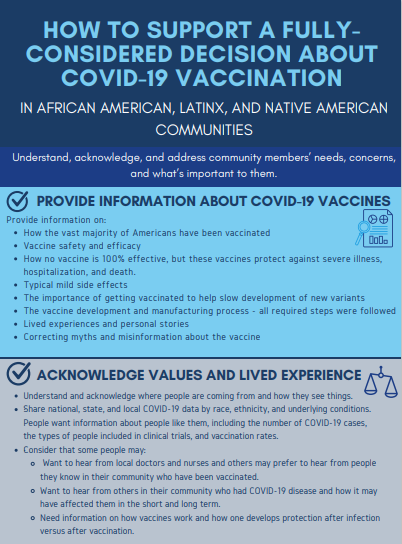 Thumbnail displays two out of four sections of the document. Displayed headings are: "Provide information about COVID-19 vaccines" and "Acknowledge values and lived experience." 