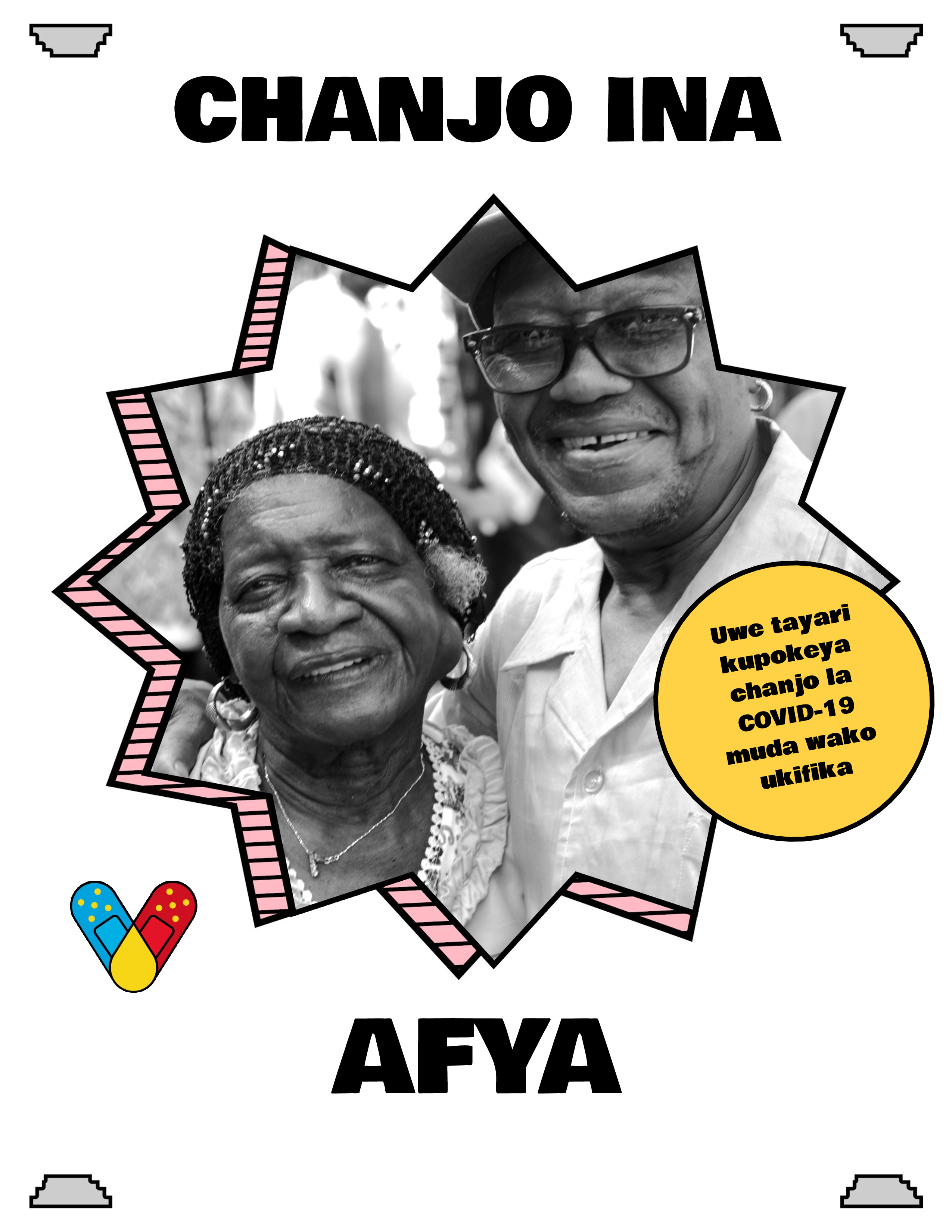 two people smiling in black and white color surrounded by the words "Vaccination is strength" in Swahili