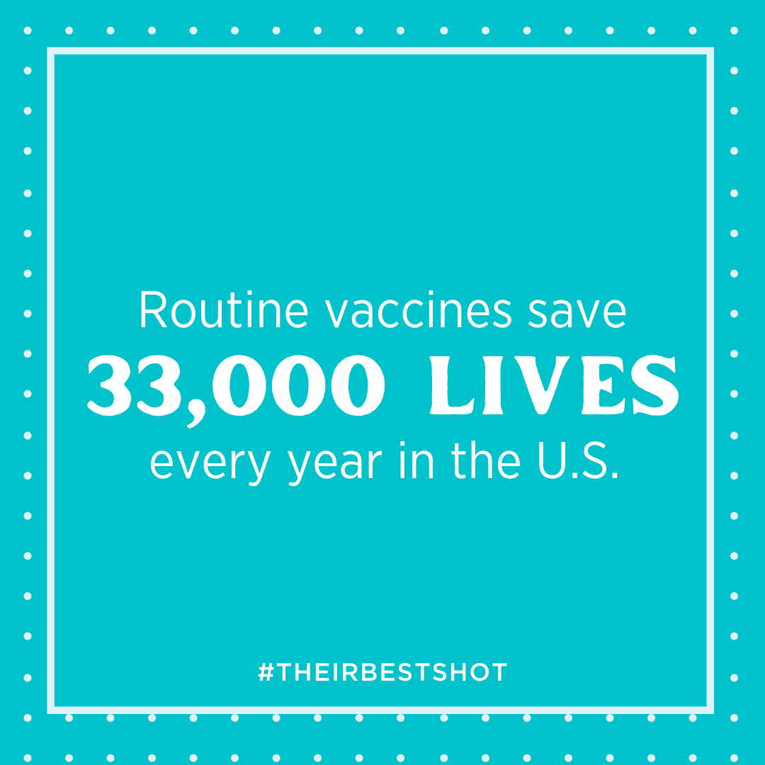 White text on a teal background reads, "Routine vaccines save 33,000 lives every year in the U.S."