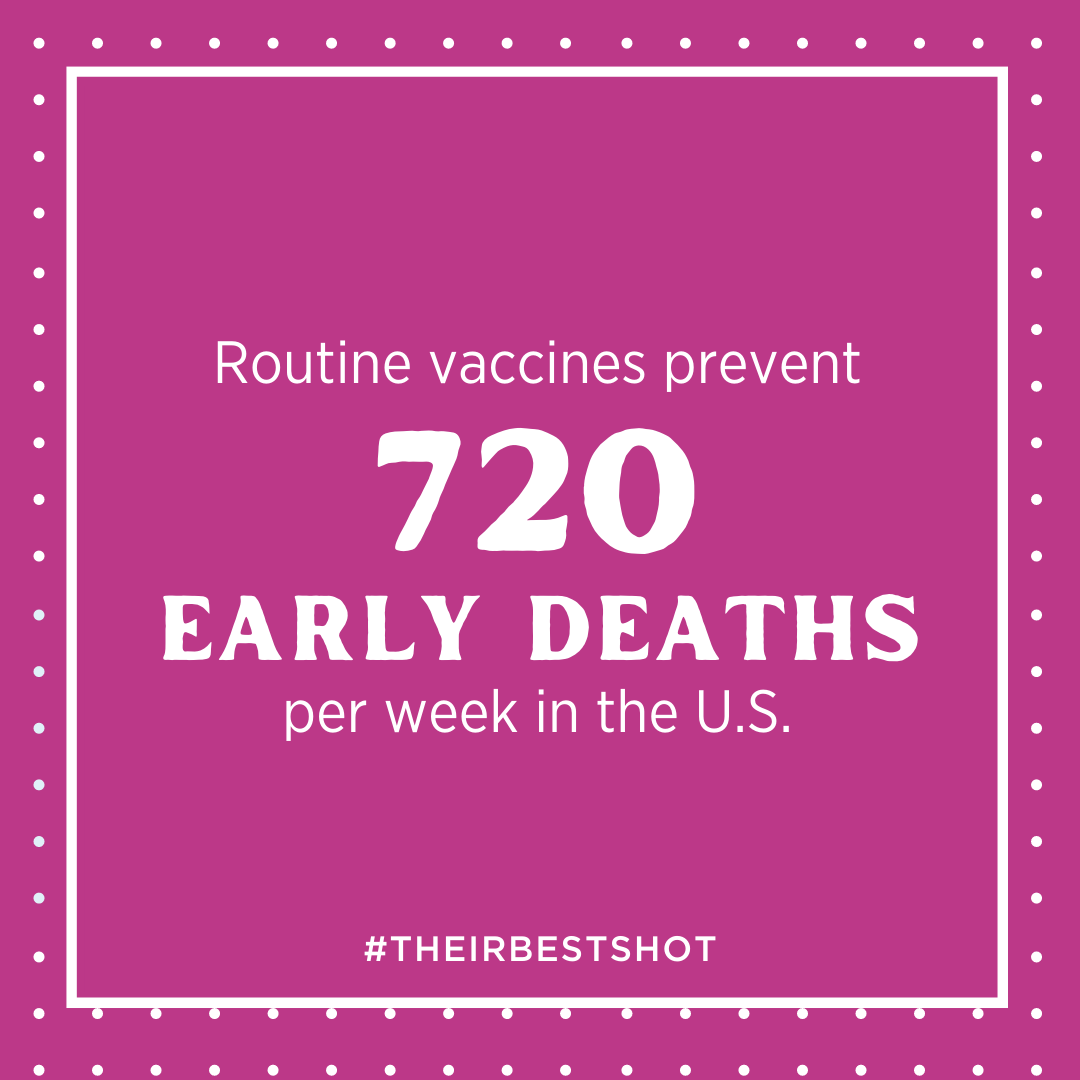 White text on a purple background reads, "Routine vaccines prevent 720 early deaths per week in the U.S."