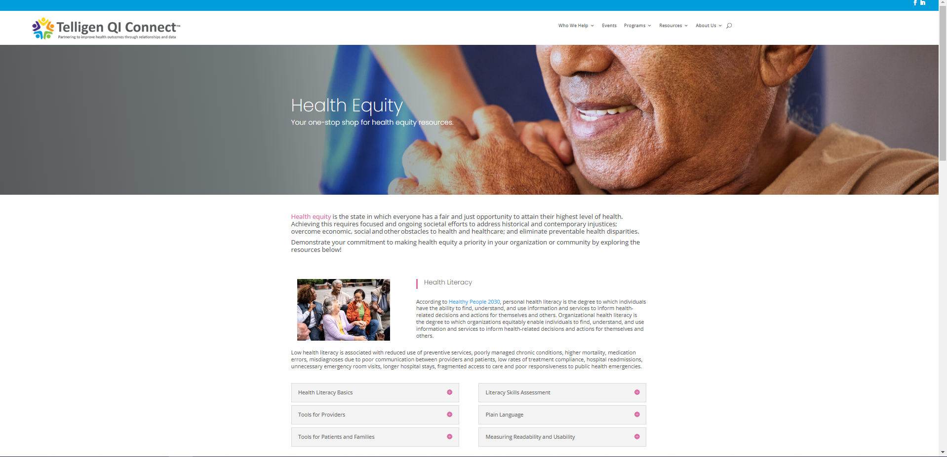 Banner image shows an older adult smiling and holding a health care provider's hand on his shoulder. 