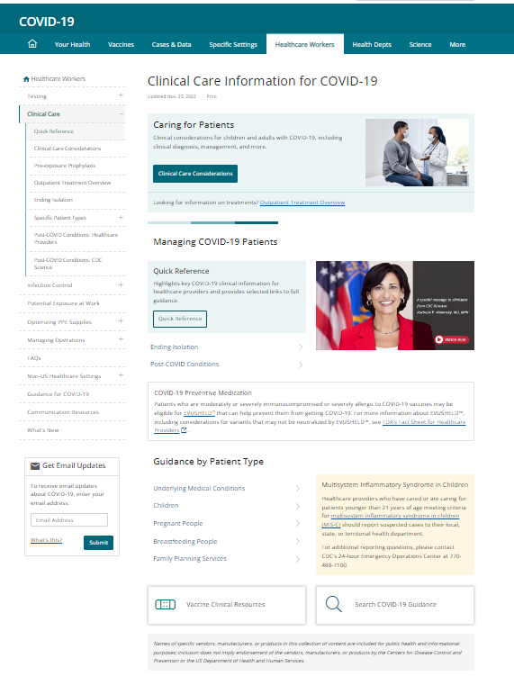 Website by the CDC, with its logo at the log left corner, describing clinical care considerations for COVID-19.