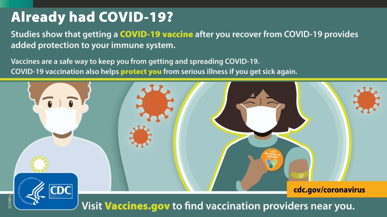 The image shows two animated people beneath the text. One is a man who appears to only be protected by virus antibodies and the other is a woman giving a thumbs up, who is protected by the vaccine and antibodies. 