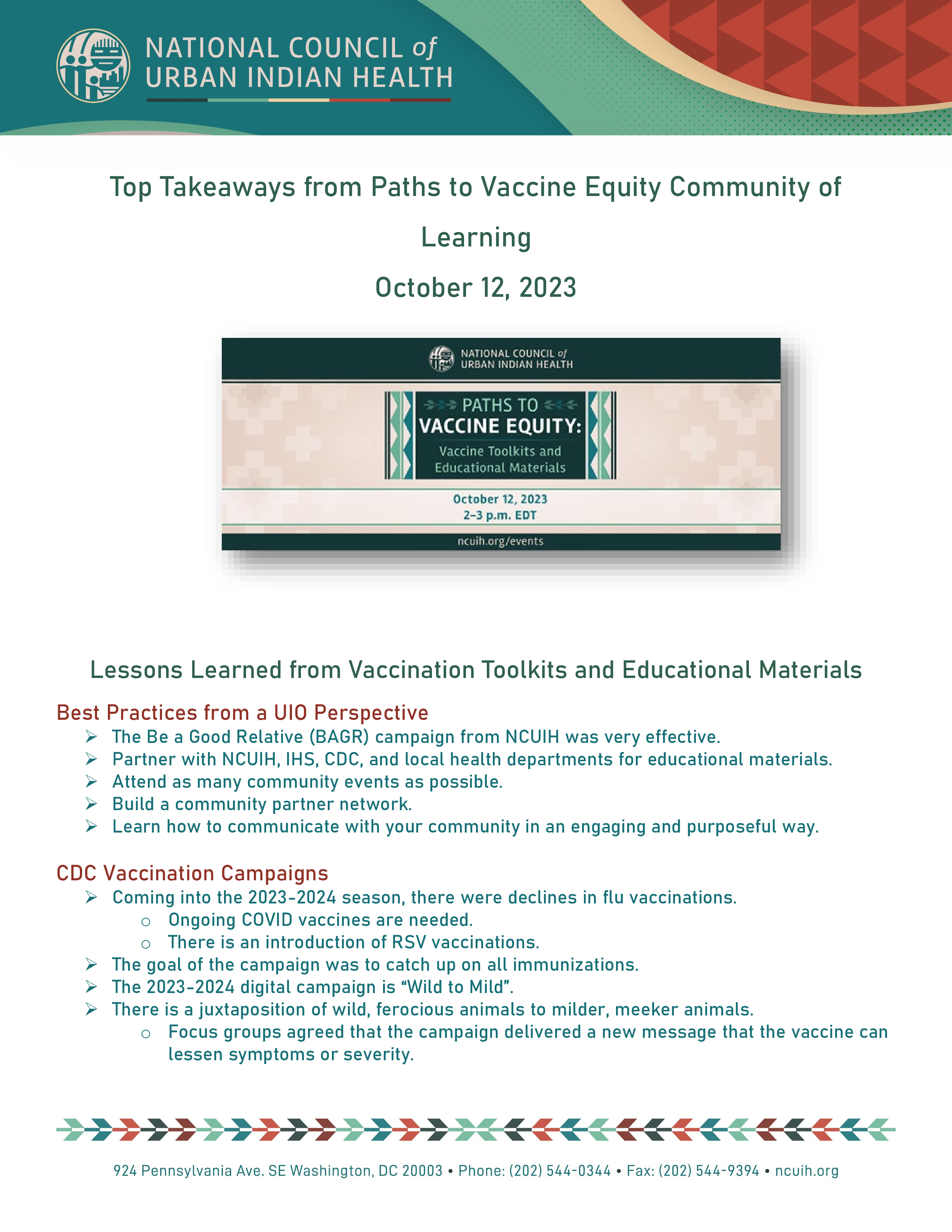 PDF reads 'top takeaways from paths to vaccine equity community of learning'
