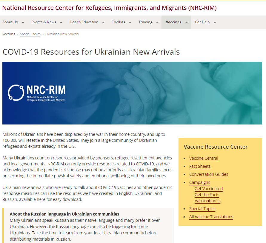 NRC-RIM webpage called "COVID-19 Resources for Ukrainian New Arrivals"