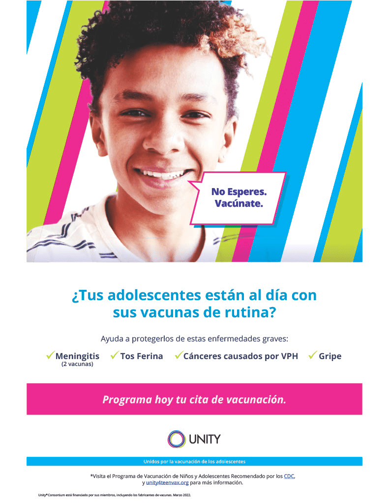 A teenage boy with a text box reading, "Don't Wait. Vaccinate." in Spanish. 