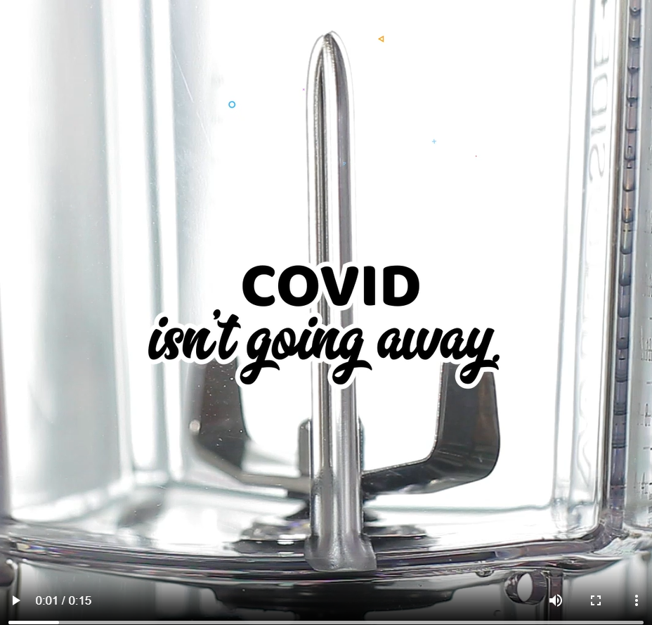 Image of sink from beginning of video with statement that "COVID isn't going away"