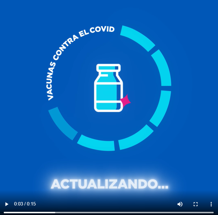 Graphic of a COVID-19 vaccine vial inside a loading circle image. Spanish text reads, "Updating..."