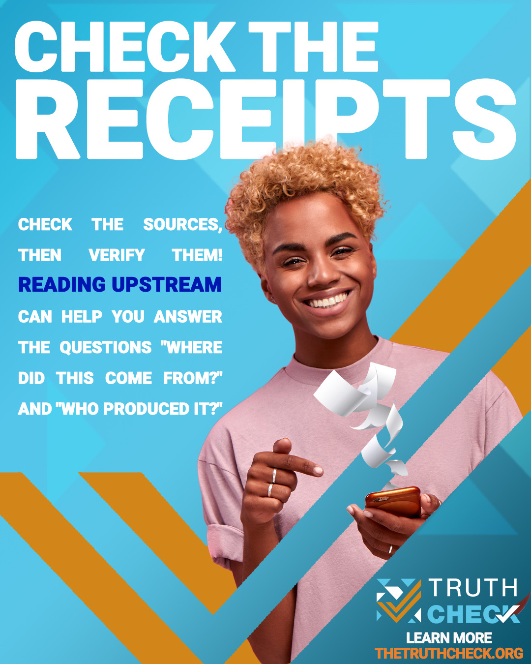 A black man wearing a pink shirt smiles and scrolls on his phone. The image shows "receipts" coming out of his phone.
