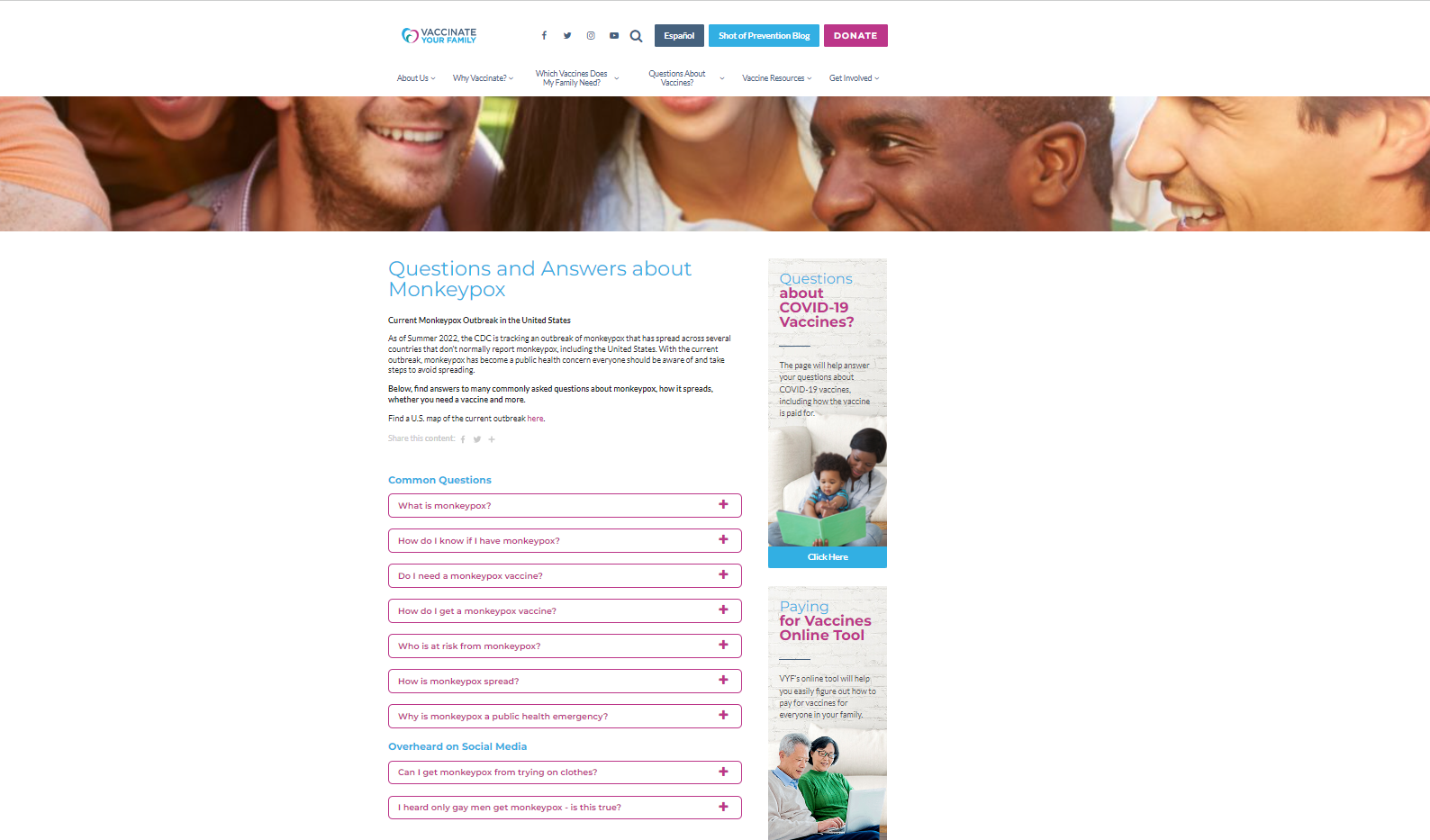 A banner at the top of the page shows a cut-off picture of men and women of different races smiling. Below the banner are several drop down question and answers